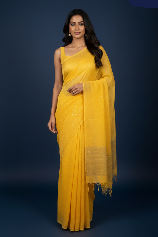 Turmeric Yellow Pure Linen Saree with Mirrorwork