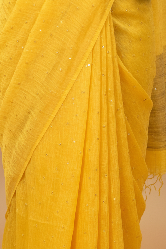 Turmeric Yellow Pure Linen Saree with Mirrorwork