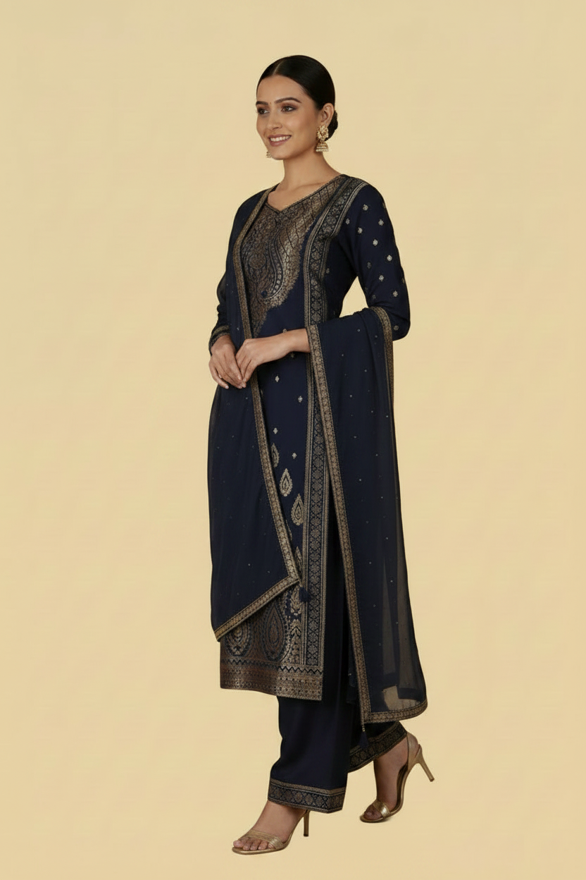Navy Blue Cotton Silk Salwar Set with Gold Zari