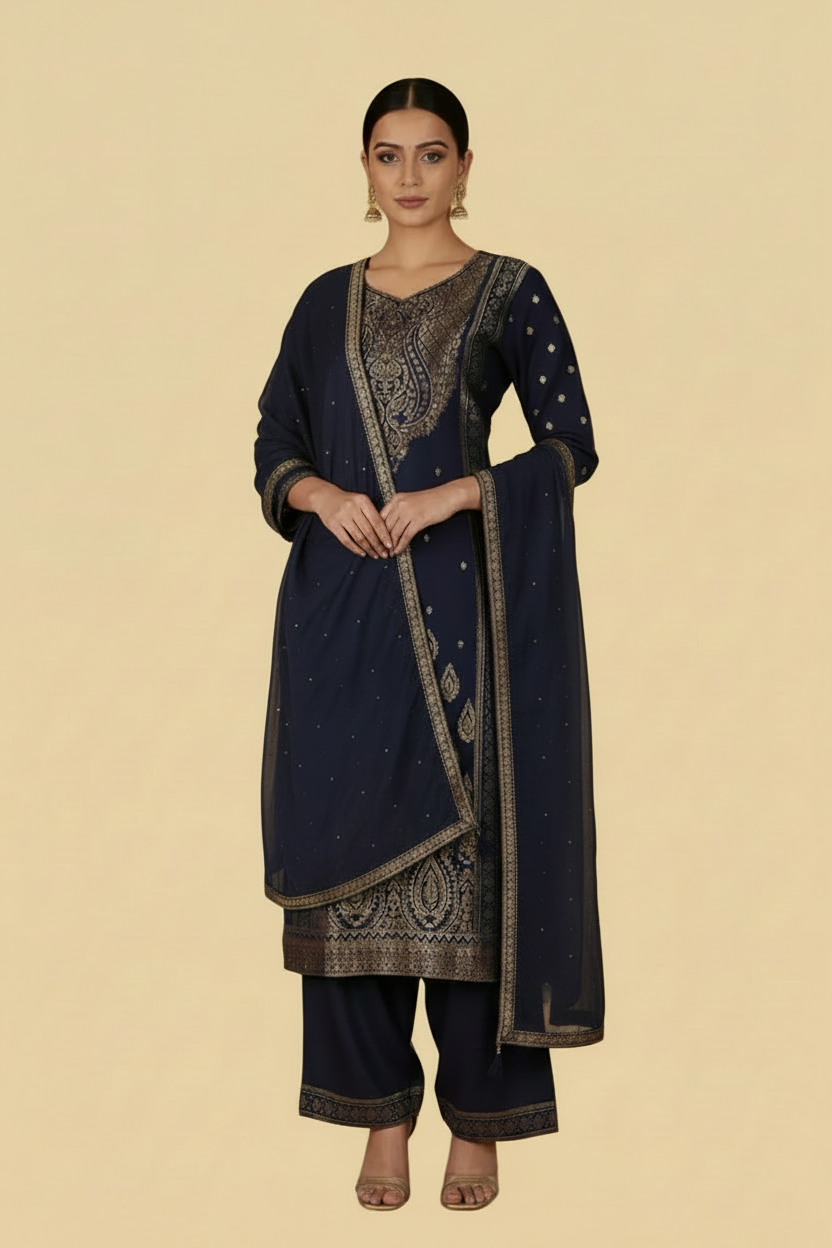 Navy Blue Cotton Silk Salwar Set with Gold Zari