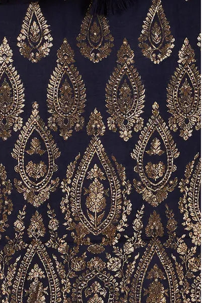 Navy Blue Cotton Silk Salwar Set with Gold Zari