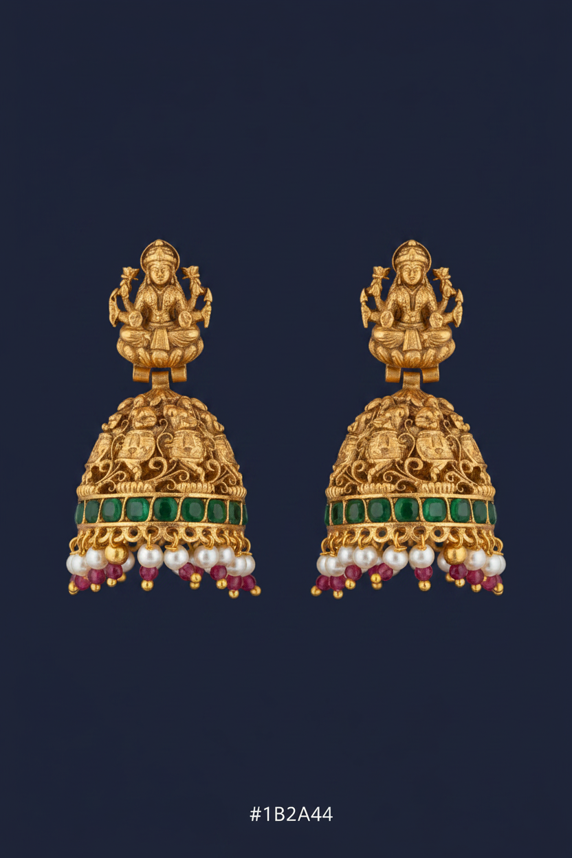 Antique Gold Lakshmi ji Temple Necklace & Jhumkas Set