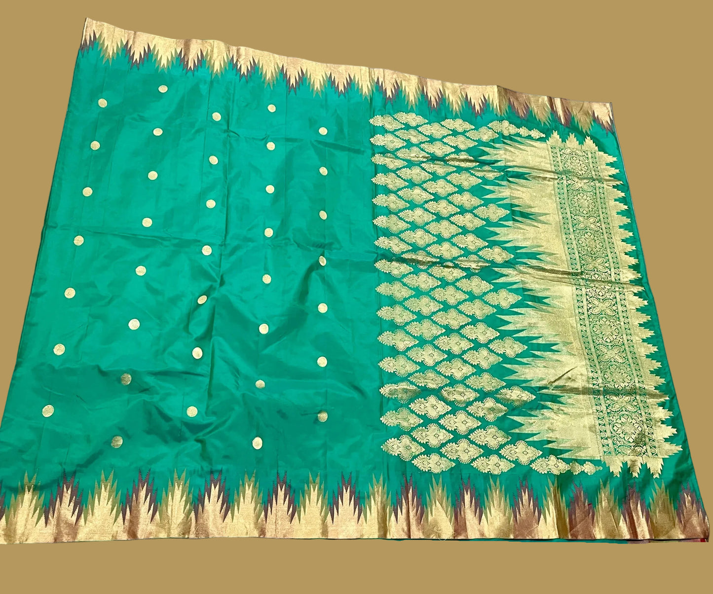 Teal Pure Kanjeevaram Silk Temple Border Saree