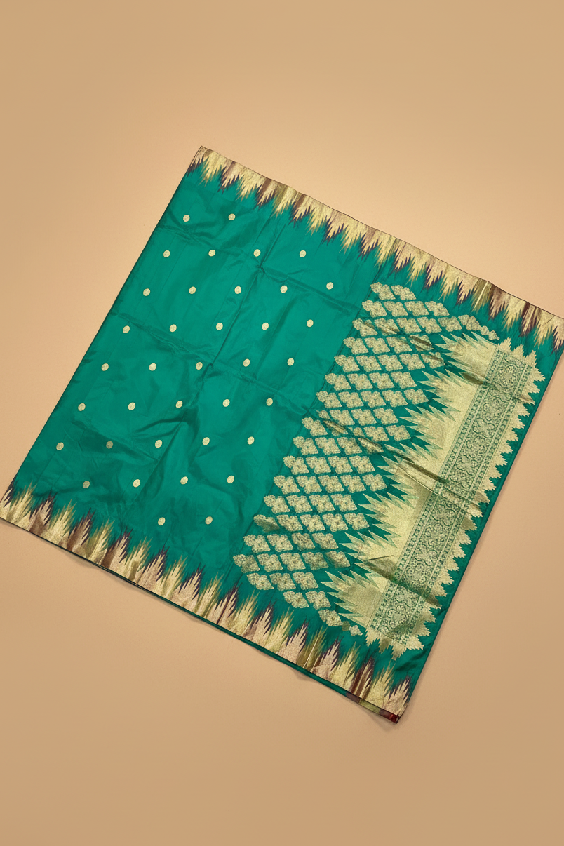 Teal Pure Kanjeevaram Silk Temple Border Saree