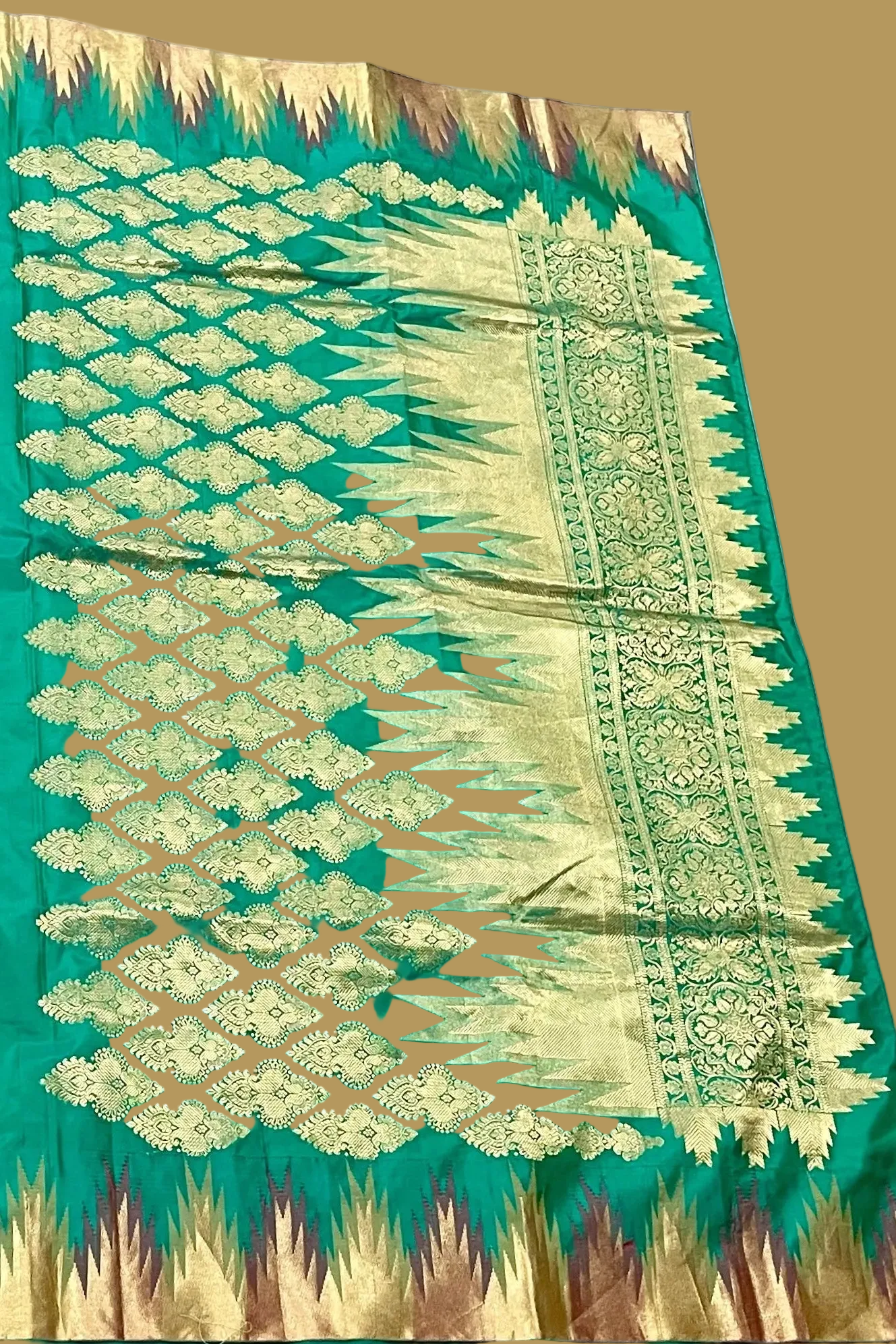 Teal Pure Kanjeevaram Silk Temple Border Saree