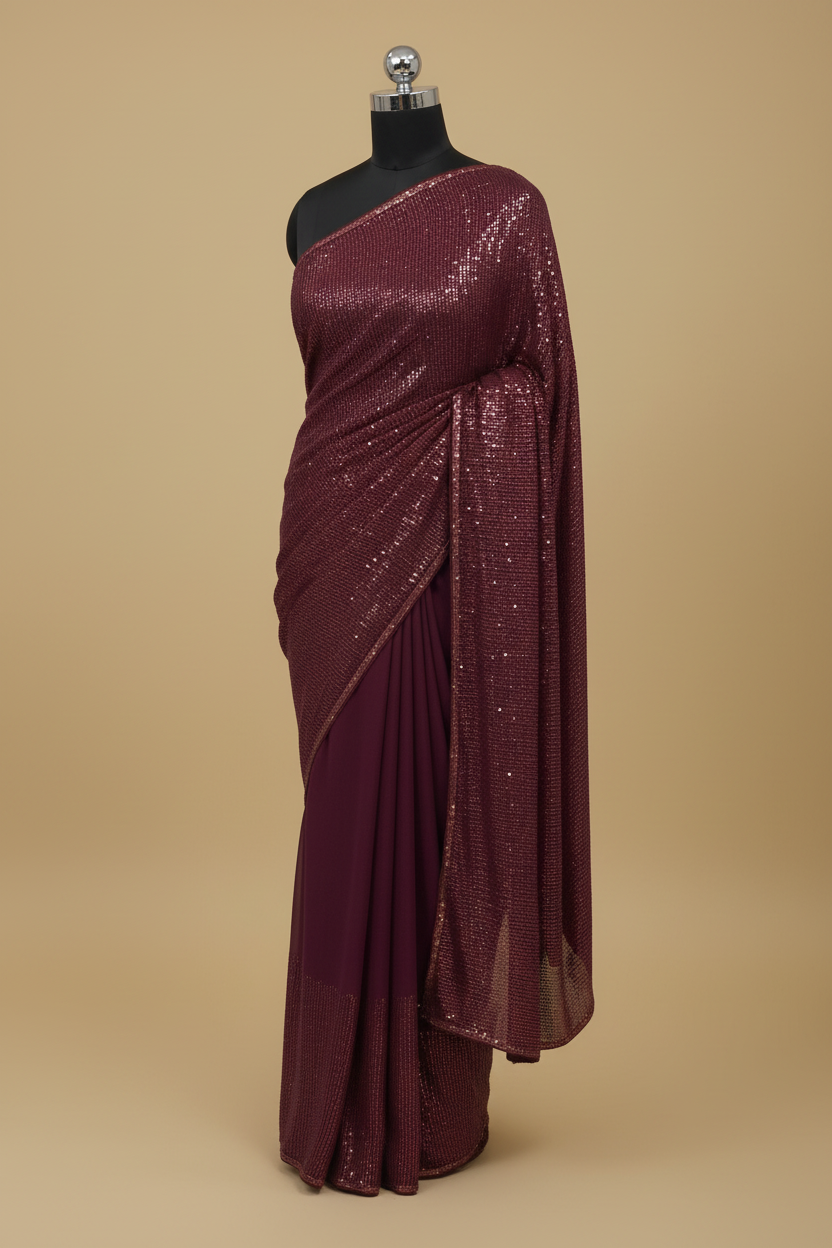 Maroon Hand Embroidered Sequin Georgette Saree