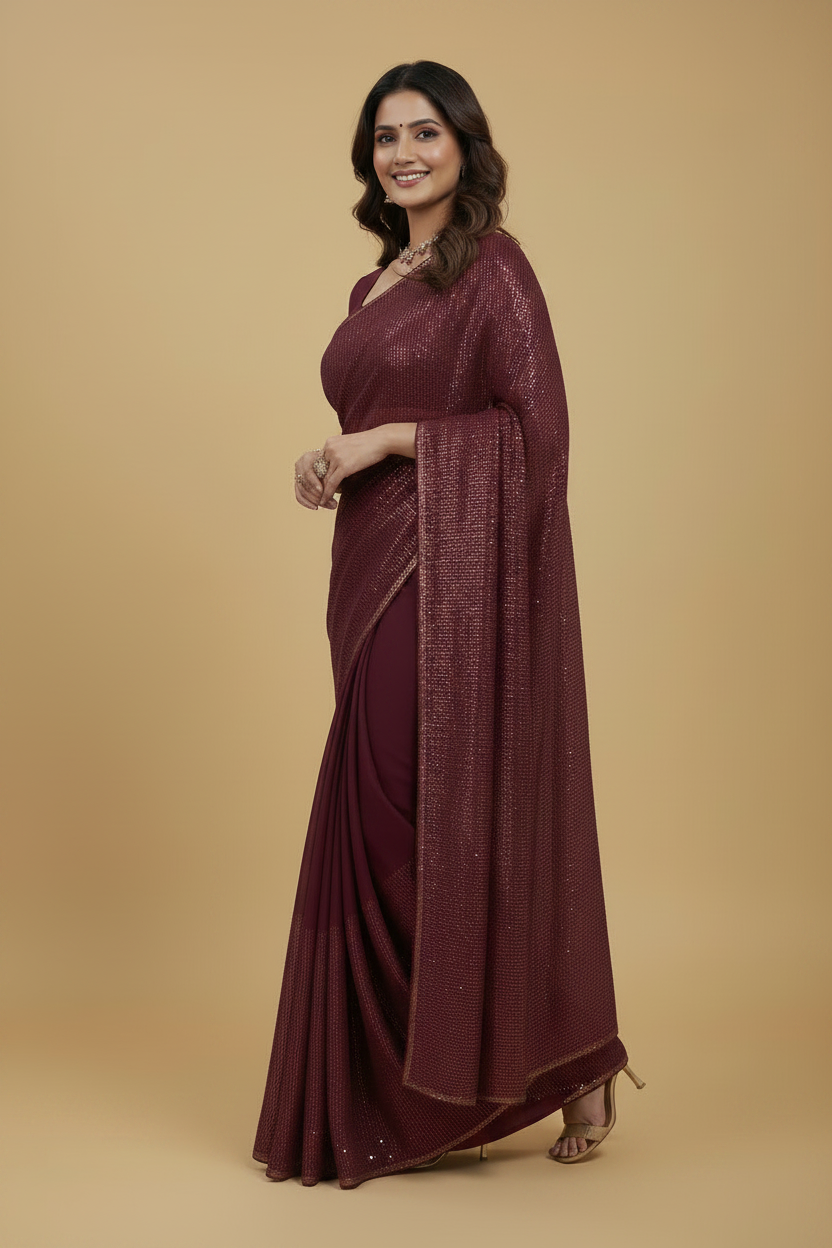 Maroon Hand Embroidered Sequin Georgette Saree