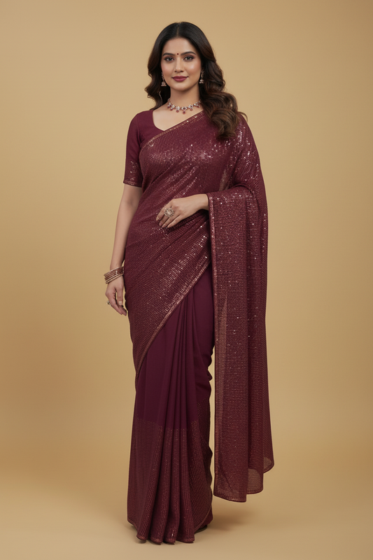 Maroon Hand Embroidered Sequin Georgette Saree