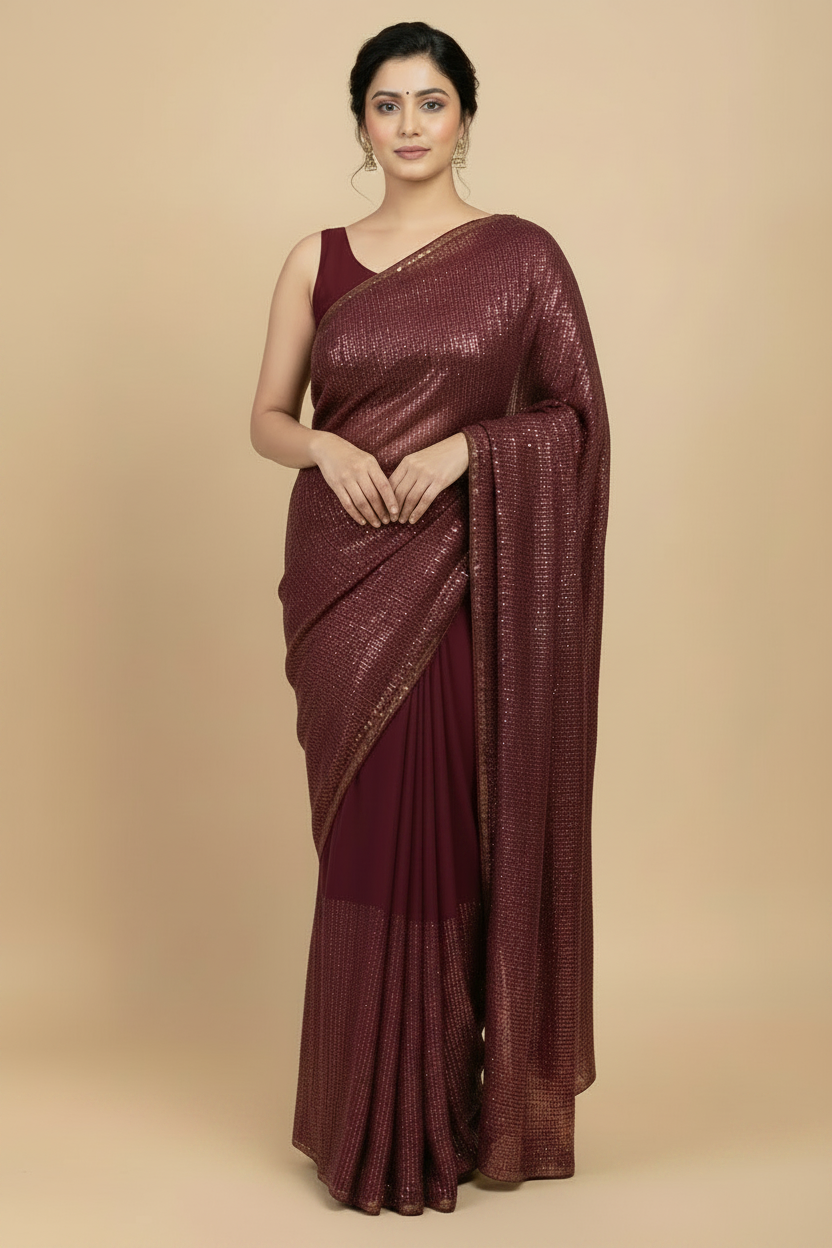 Maroon Hand Embroidered Sequin Georgette Saree