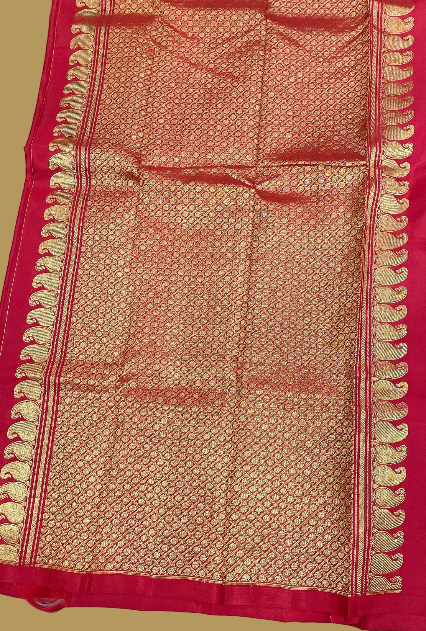 Red Borderless Pure Kanjeevaram Silk Saree with Gold & Silver Peacock Zari Butis