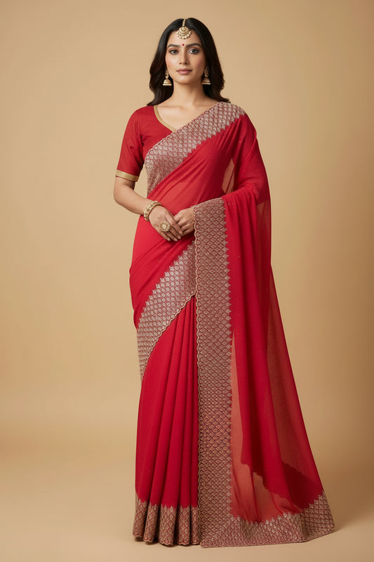 Red Georgette Saree with Crystal Work & Gold Embroidery Border