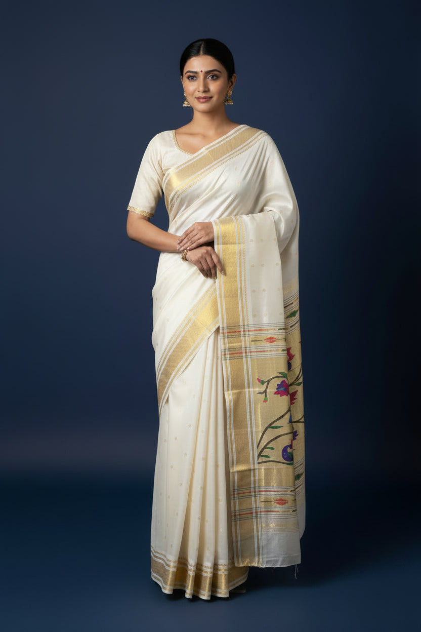 Off-White Pure Paithani Handwoven Silk Saree
