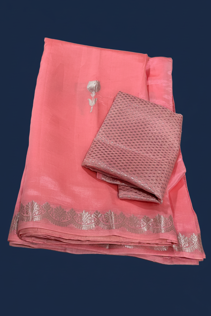 Pink Banarasi Katan Silk Saree with Silver Floral Butis