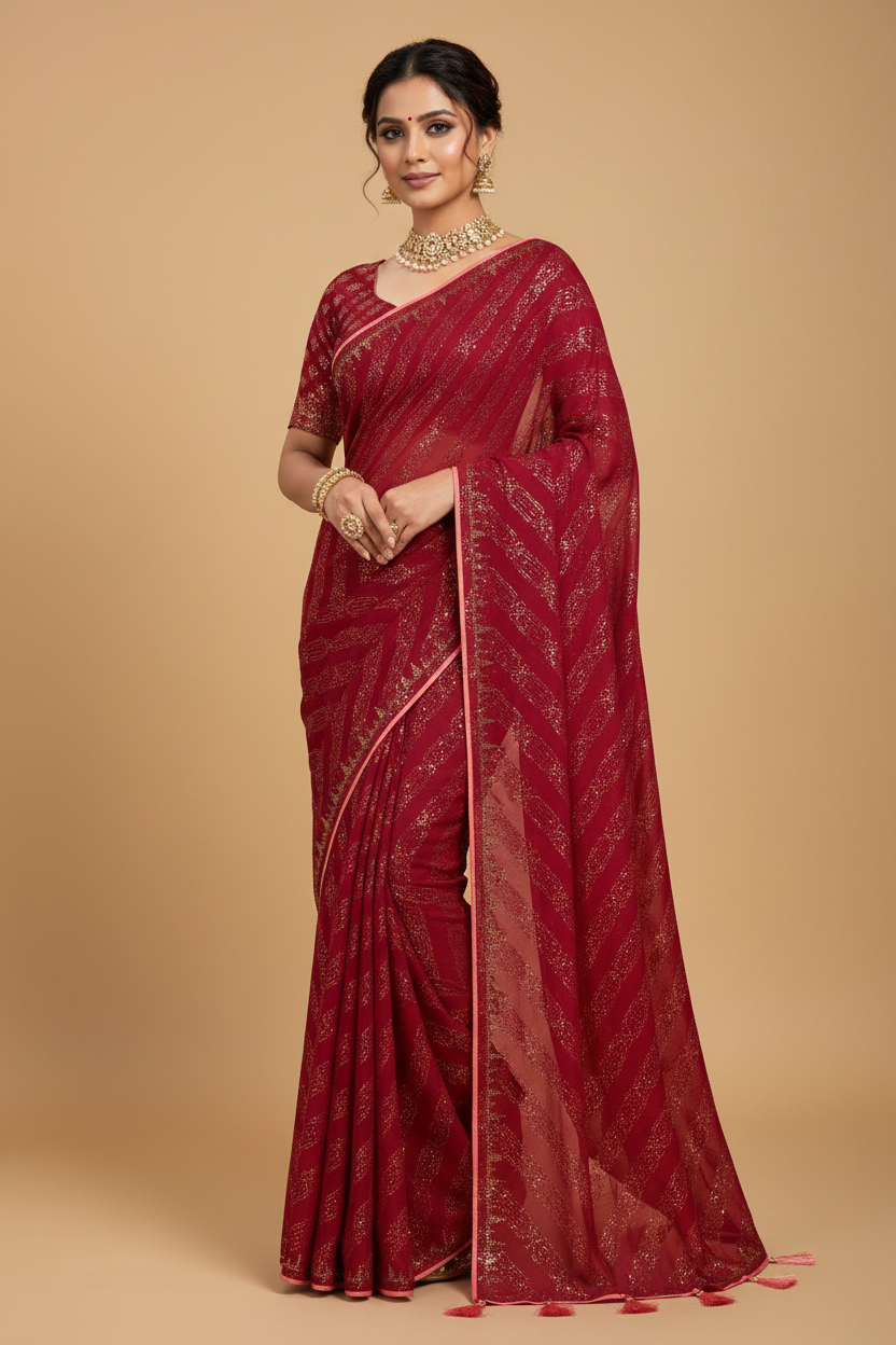 Crimson Red Satin Saree with Stonework Border