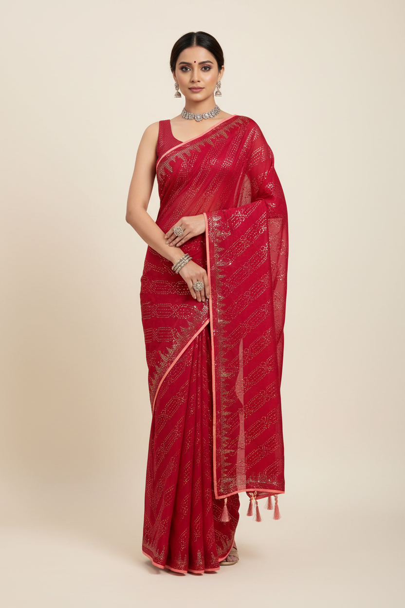 Crimson Red Satin Saree with Stonework Border