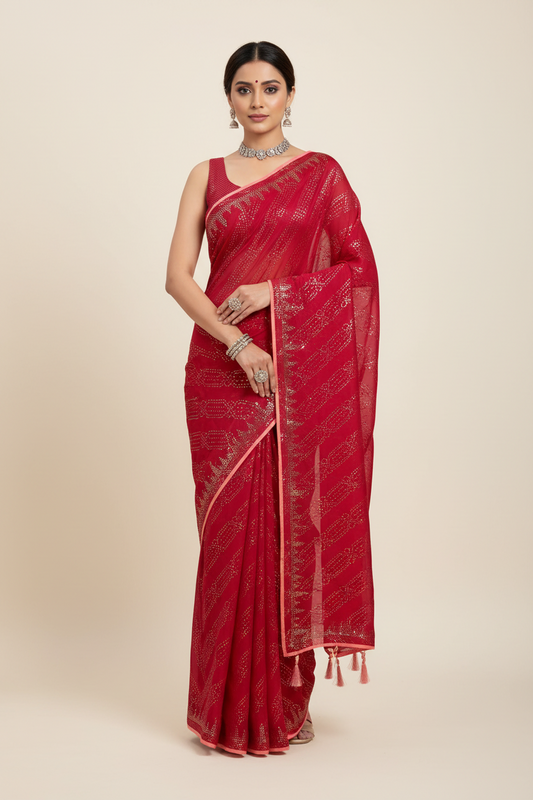 Crimson Red Satin Saree with Stonework Border
