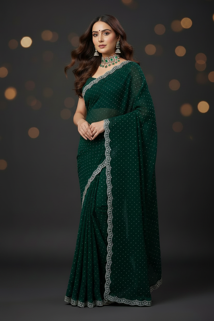 Green Georgette Saree with Crystal Work