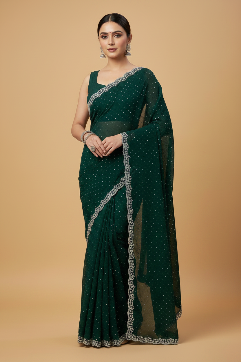 Green Georgette Saree with Crystal Work