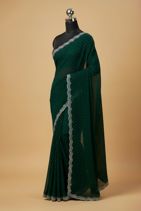 Green Georgette Saree with Crystal Work
