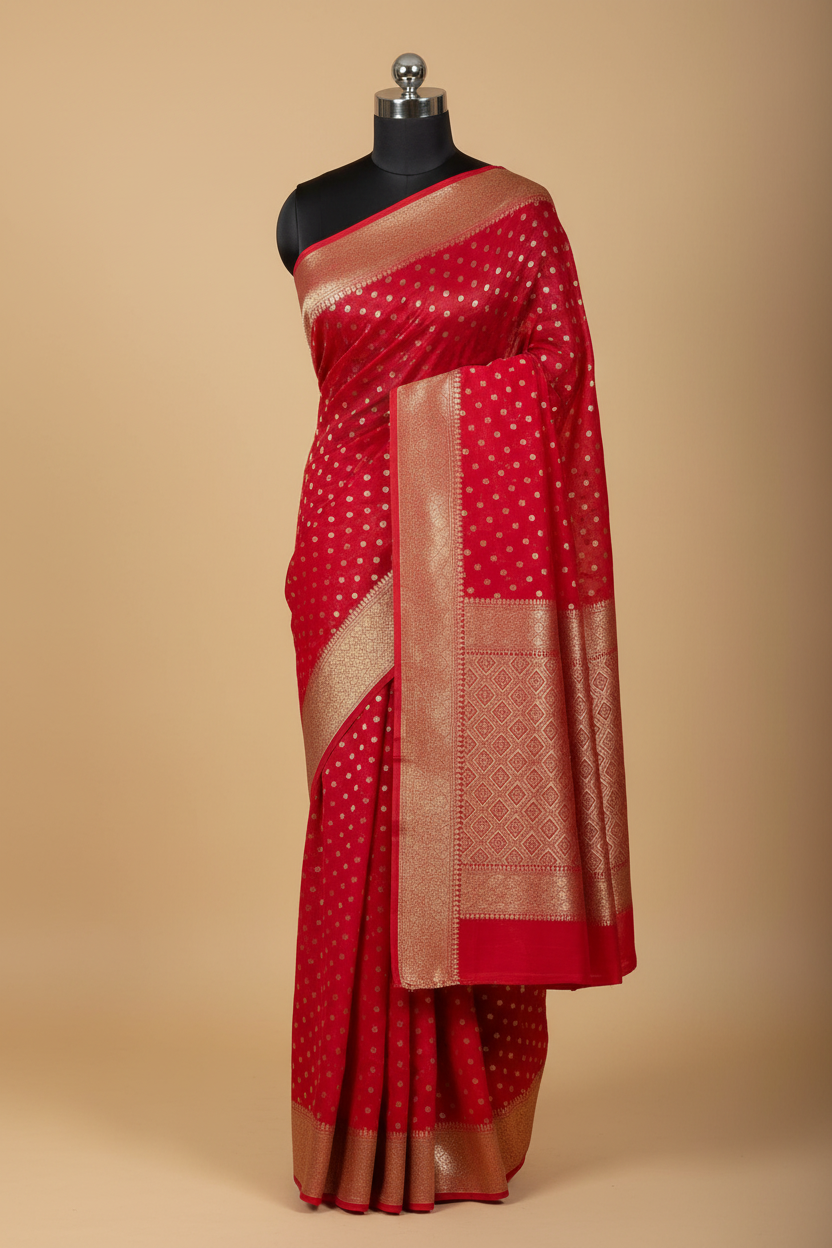 Red Banarasi Georgette Saree with Gold Zari Butis
