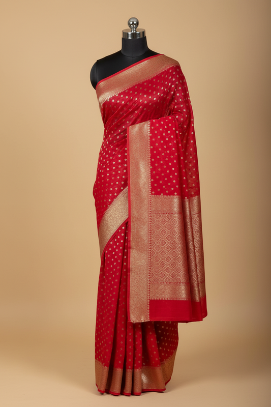 Red Banarasi Georgette Saree with Gold Zari Butis