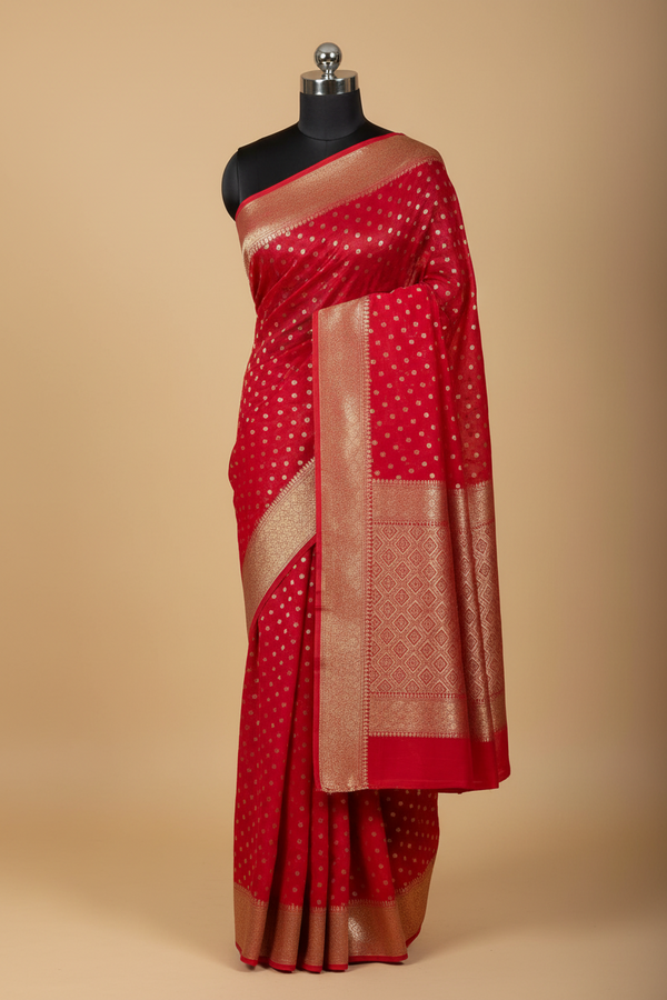 Red Banarasi Georgette Saree with Gold Zari Butis