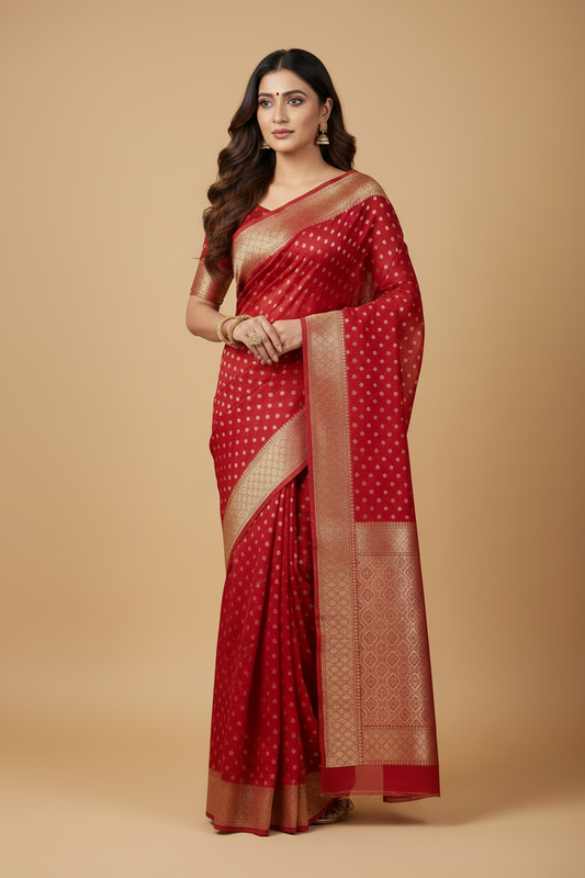 Red Banarasi Georgette Saree with Gold Zari Butis