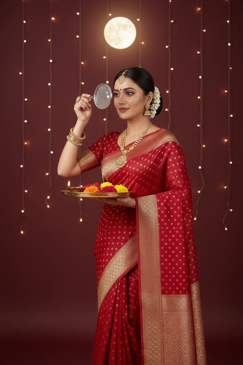 Red Banarasi Georgette Saree with Gold Zari Butis