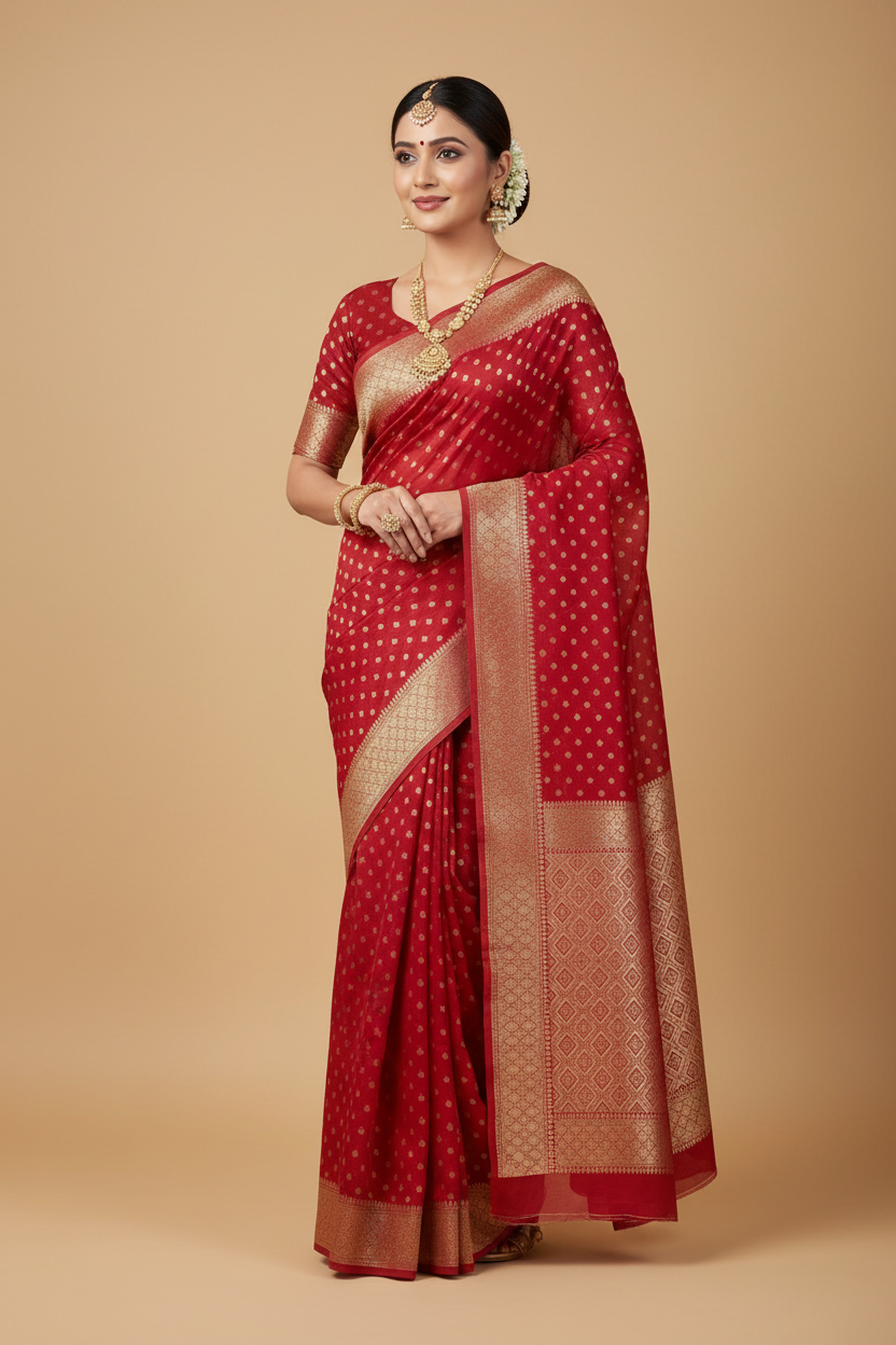 Red Banarasi Georgette Saree with Gold Zari Butis
