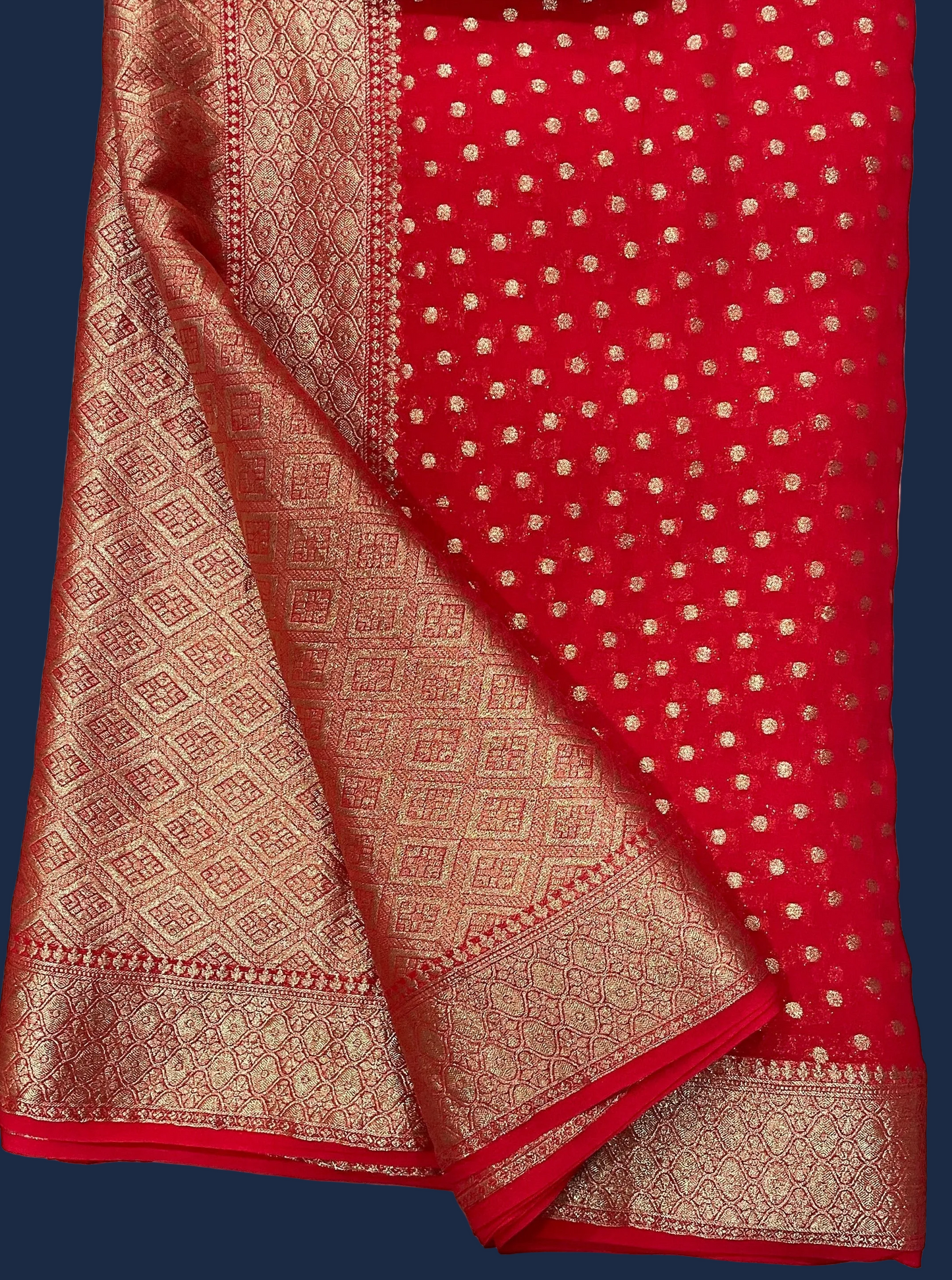 Red Banarasi Georgette Saree with Gold Zari Butis
