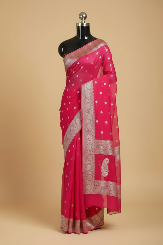 Hot Rani Pink Pure Banarasi Georgette Saree with Silver Zari