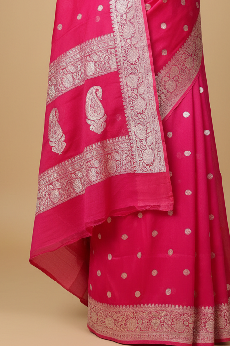 Hot Rani Pink Pure Banarasi Georgette Saree with Silver Zari