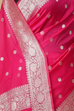 Hot Rani Pink Pure Banarasi Georgette Saree with Silver Zari
