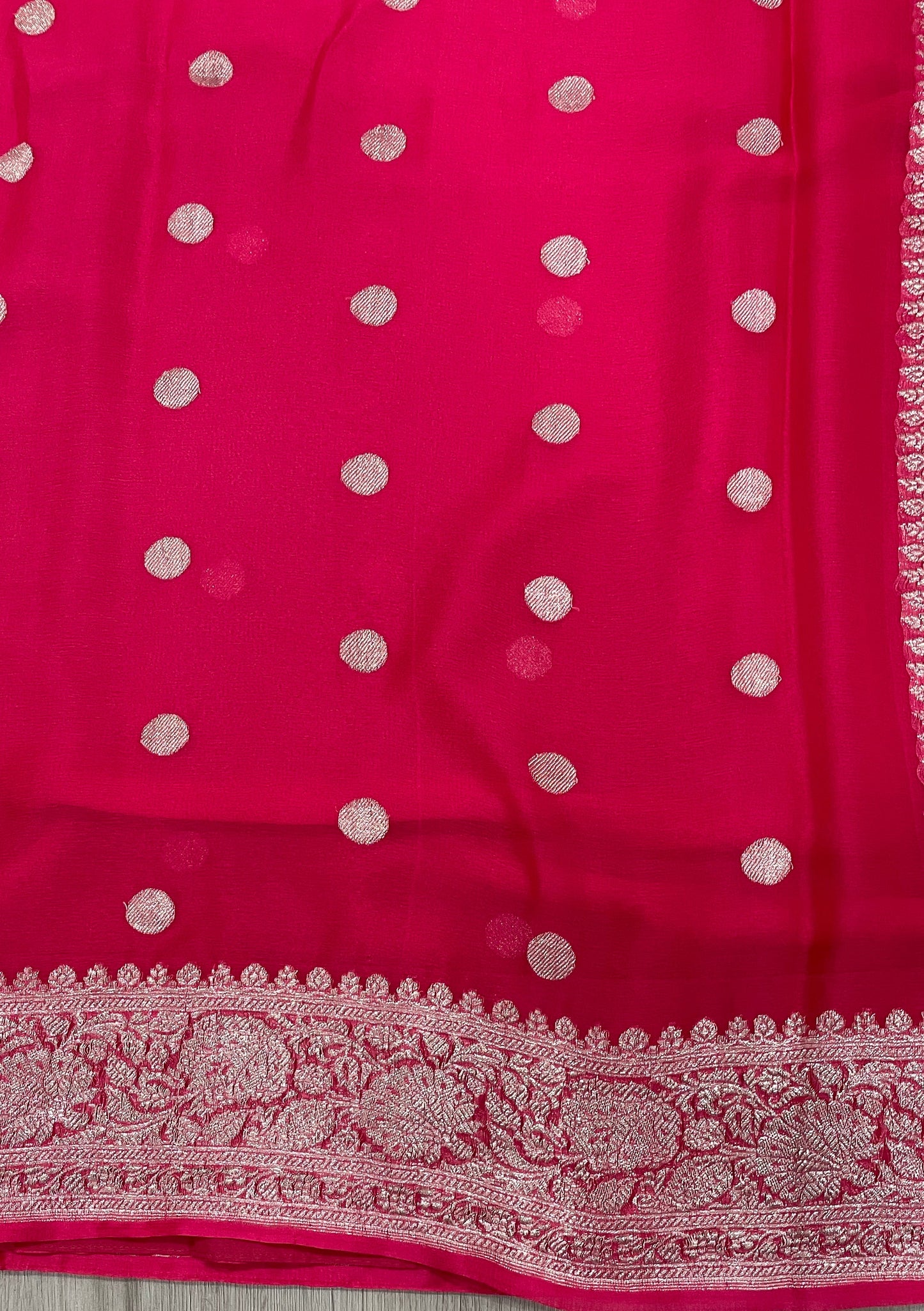Hot Rani Pink Pure Banarasi Georgette Saree with Silver Zari