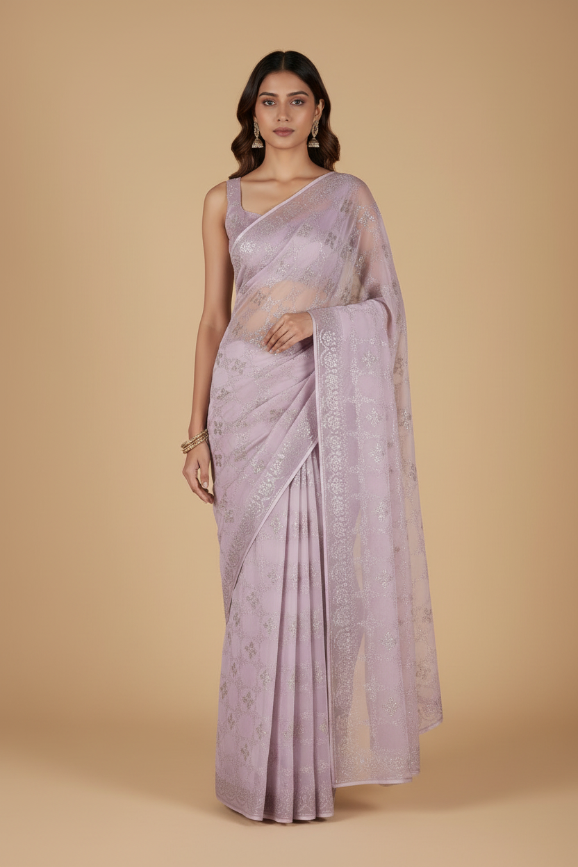 Lavender Organza Saree with Crystal Work