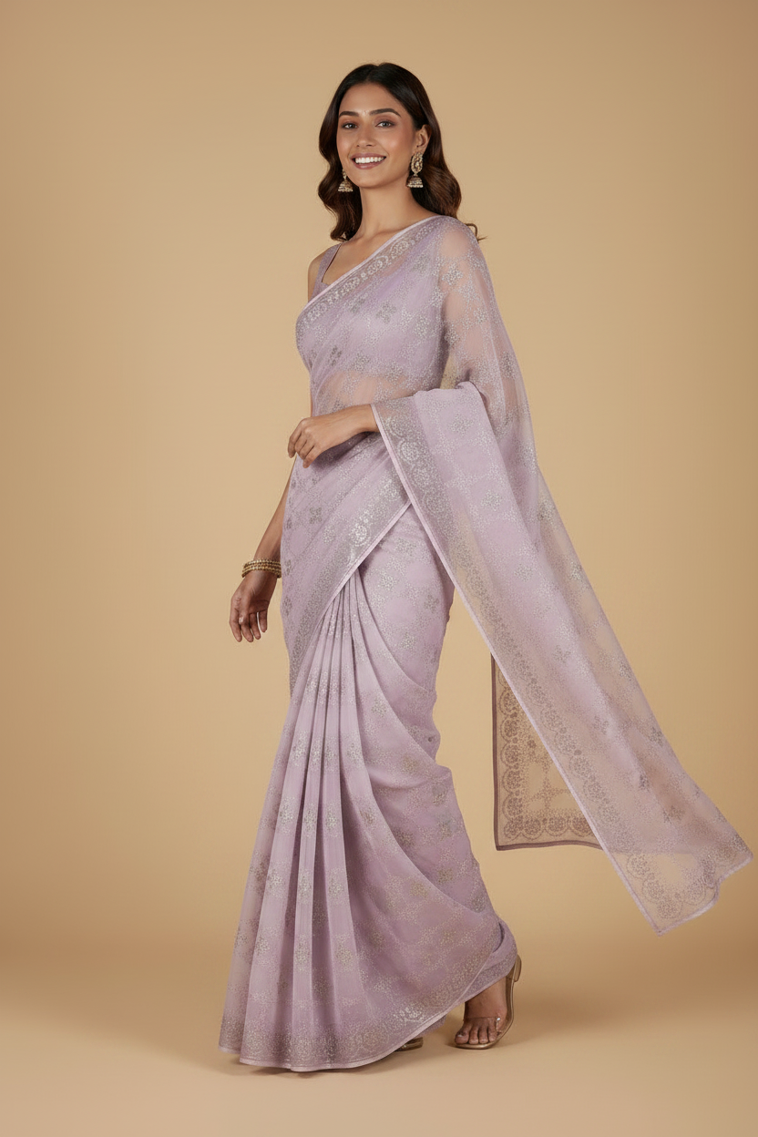 Lavender Organza Saree with Crystal Work