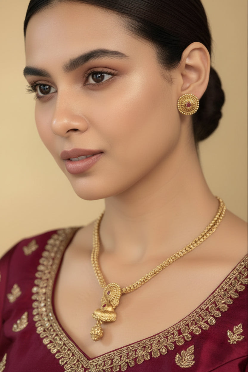 Antique Gold Ruby Stone Jhumka Pendant Necklace & Earrings Set