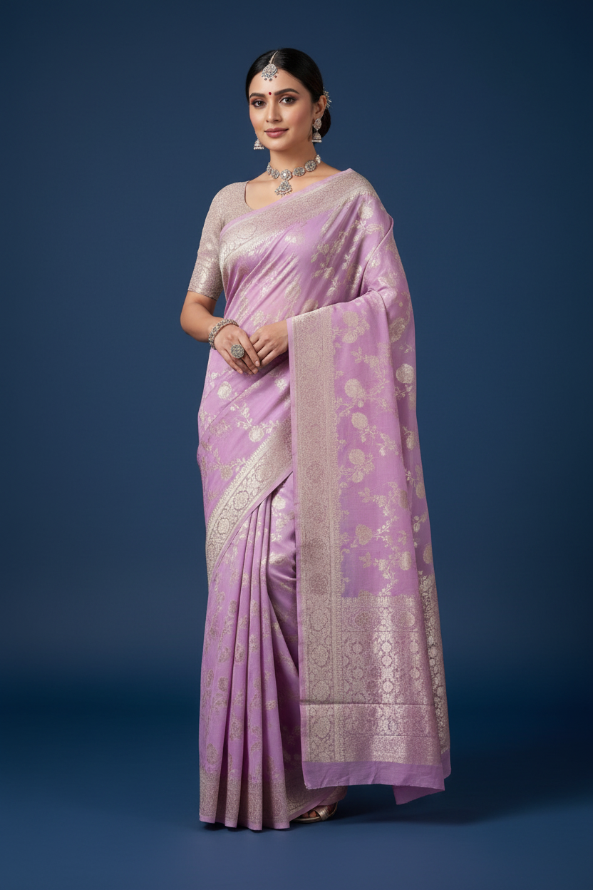 Lavender Banarasi Georgette Saree with Silver Zari