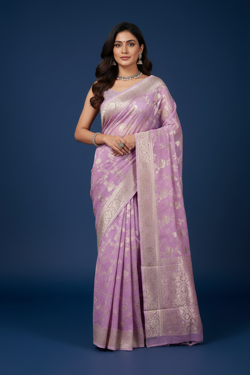 Lavender Banarasi Georgette Saree with Silver Zari