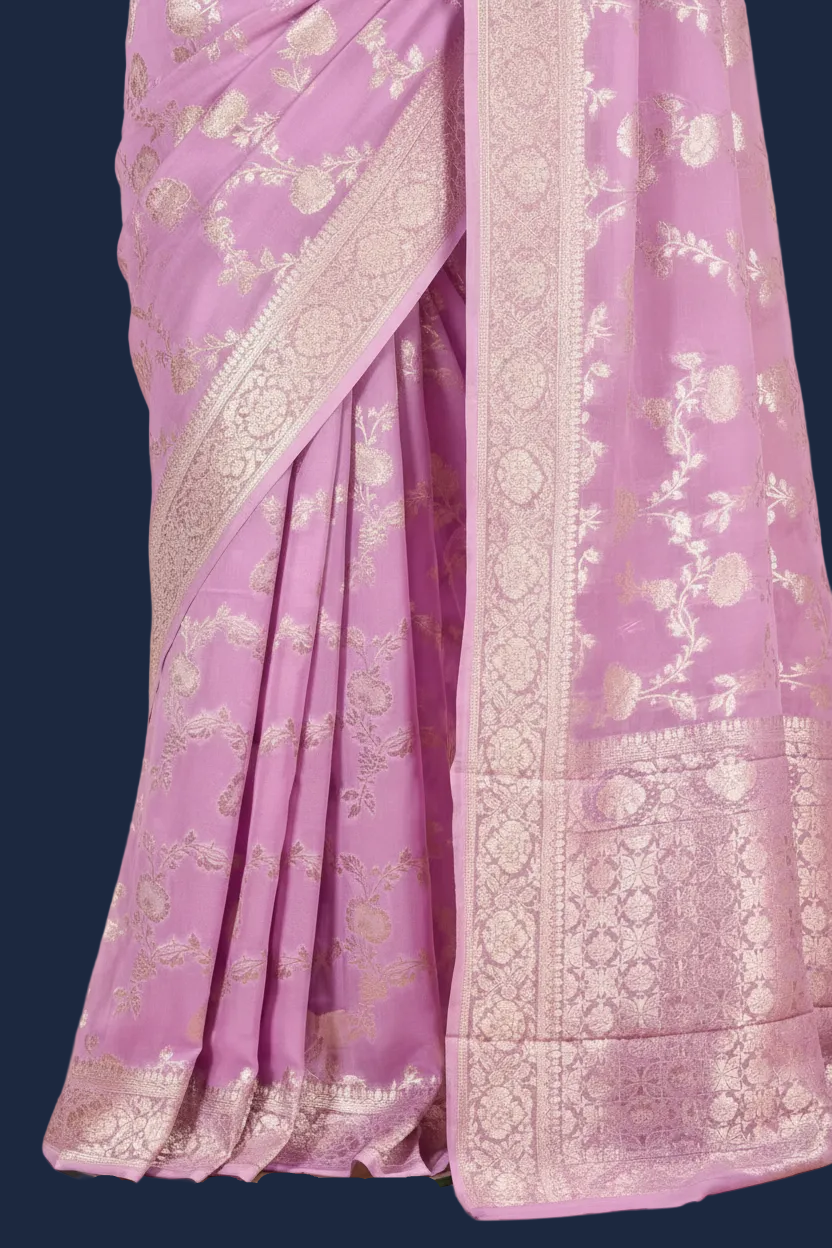 Lavender Banarasi Georgette Saree with Silver Zari