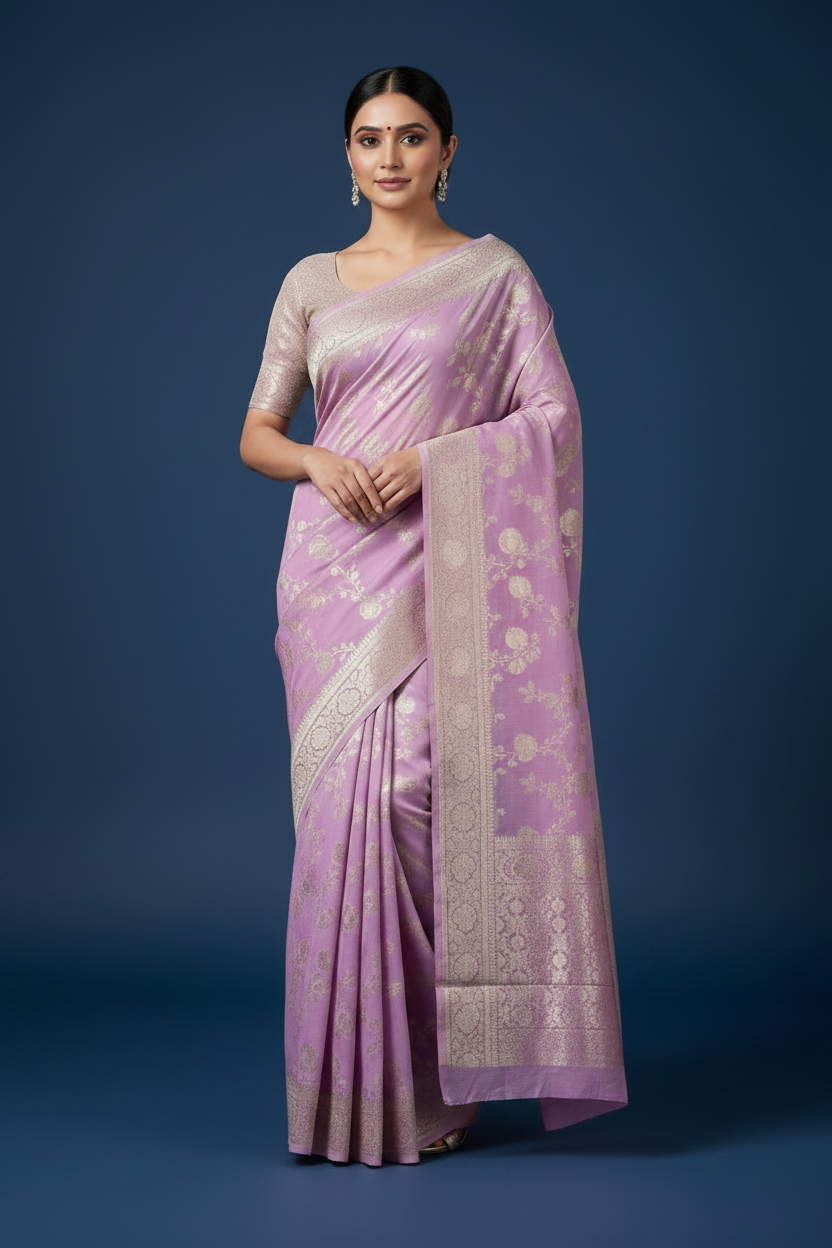 Lavender Banarasi Georgette Saree with Silver Zari