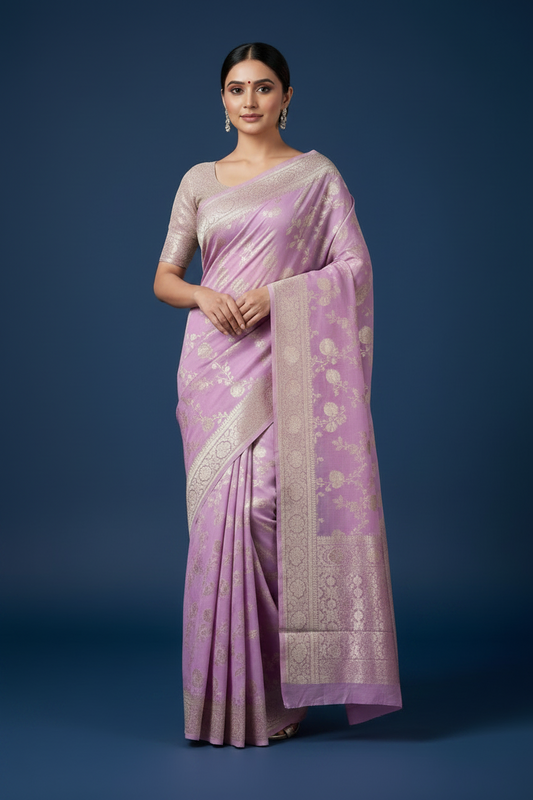 Lavender Banarasi Georgette Saree with Silver Zari