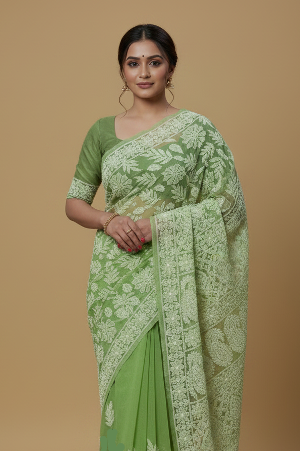 Green Pure Chikankari Georgette Saree with Mukaish Work