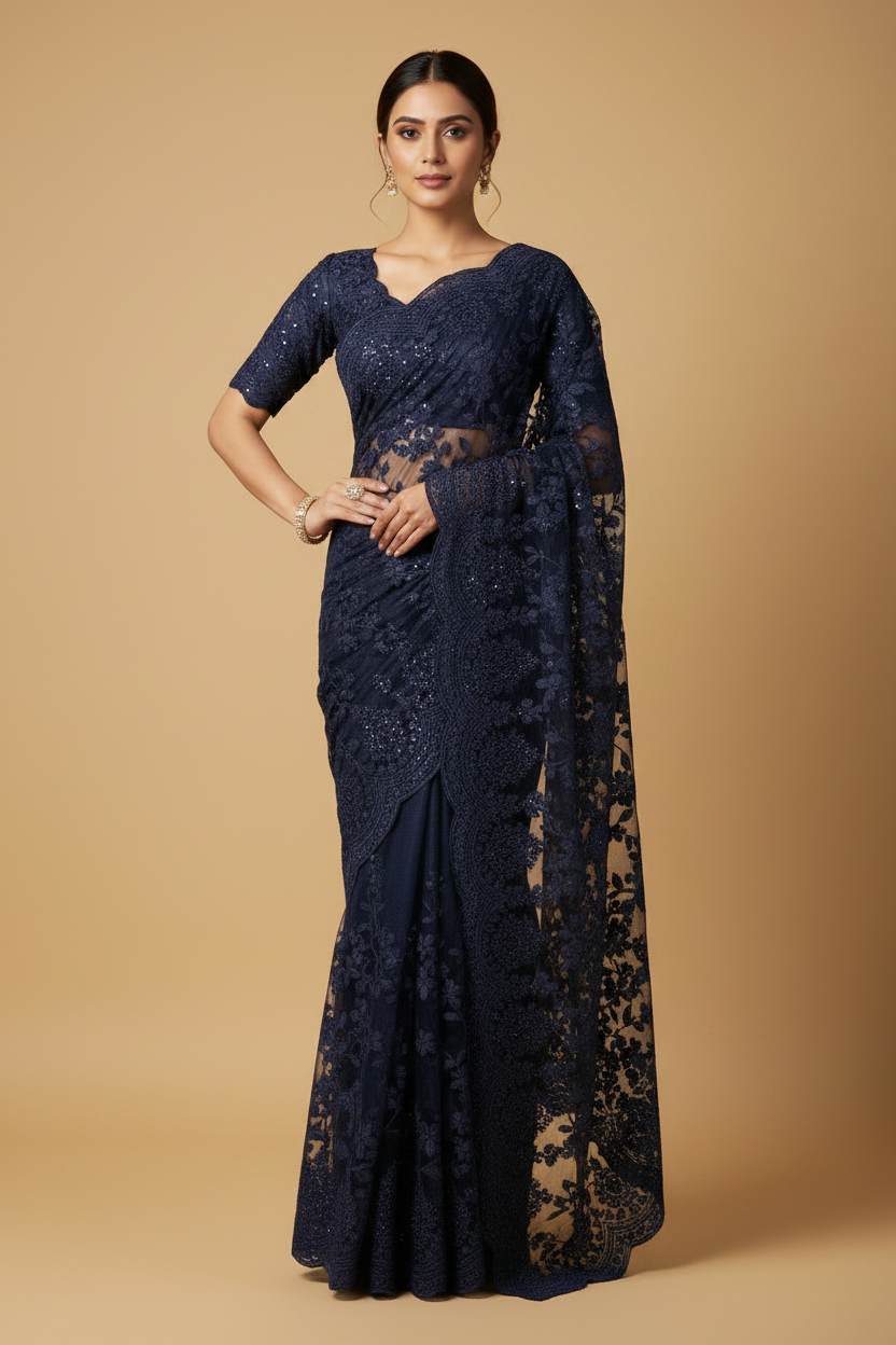 Navy Blue Net Stonework Embroidery Saree