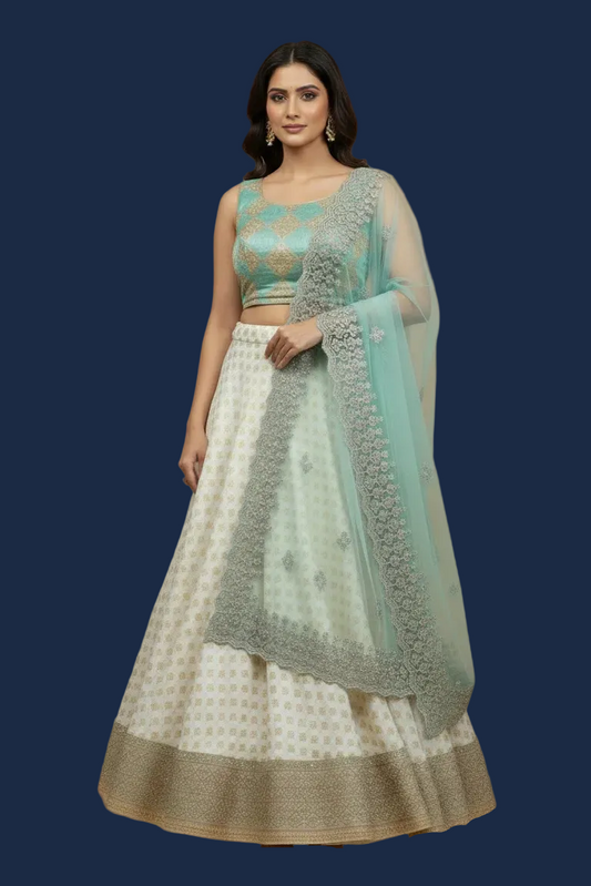 Off-White & Aqua Chanderi Silk Lehenga Set