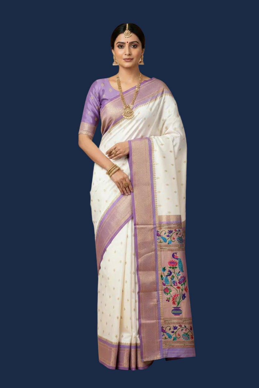 White Pure Paithani Silk Saree with Lavender Border