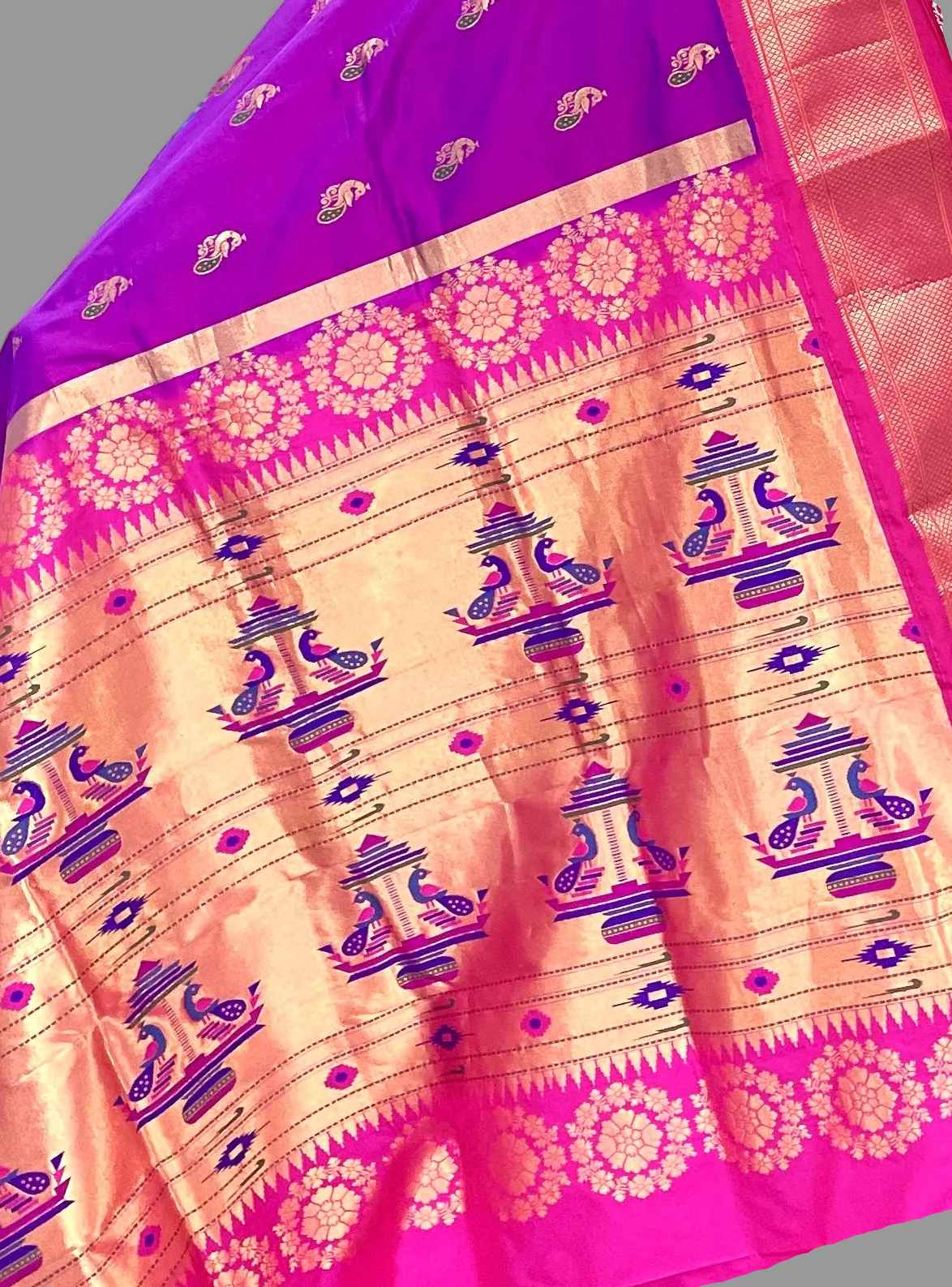 Purple Paithani Pure Silk Saree with Magenta Pink Border