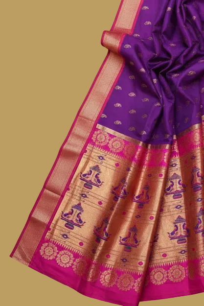 Purple Paithani Pure Silk Saree with Magenta Pink Border