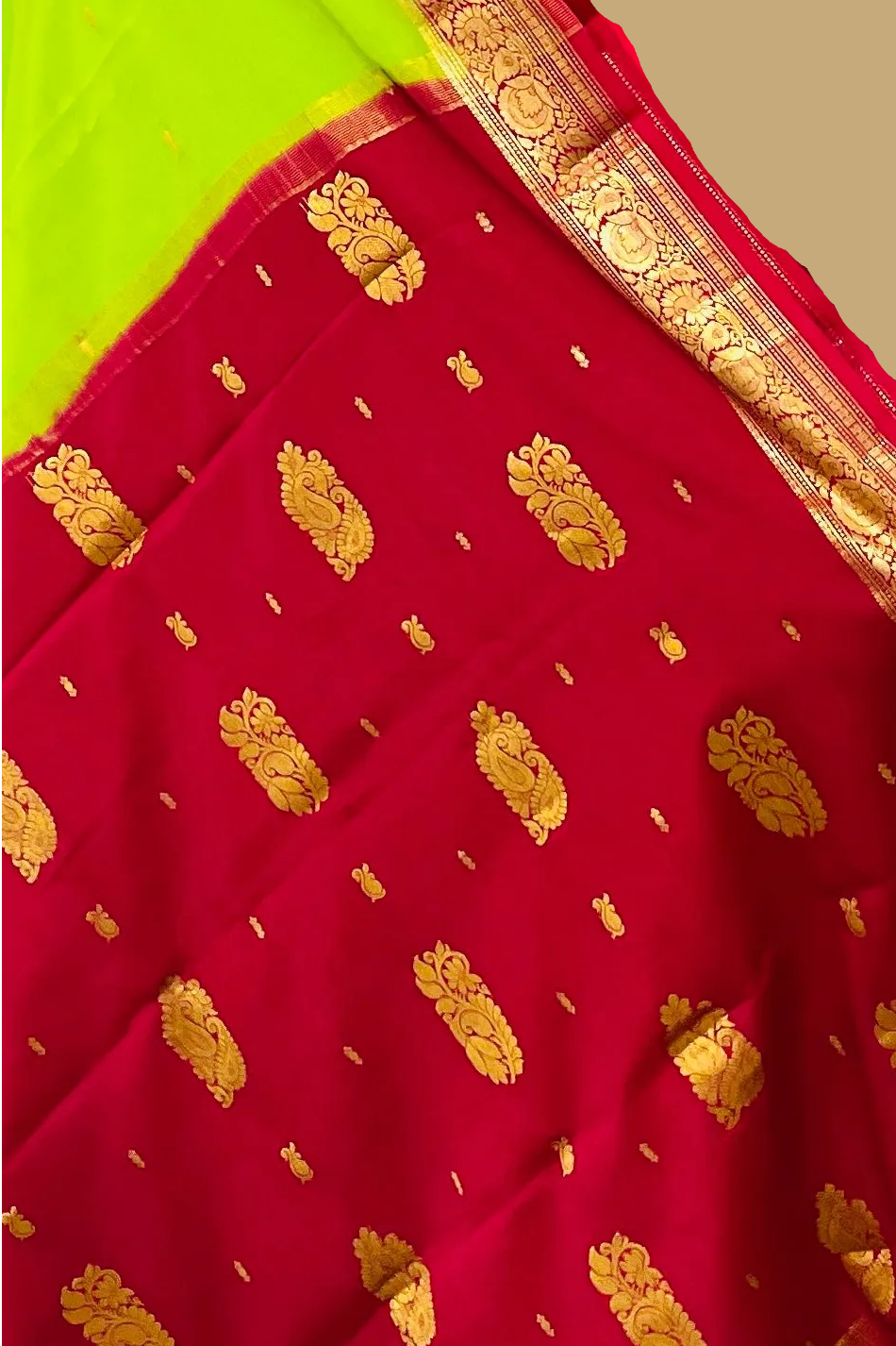 Green Pure Mysore Crepe Silk Saree with Maroon Border
