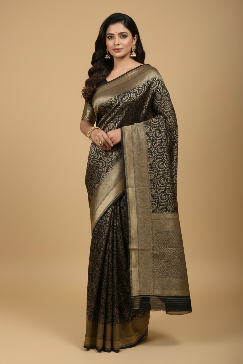 Black Pure Banarasi Brocade Silk Saree with Antique Gold Zari